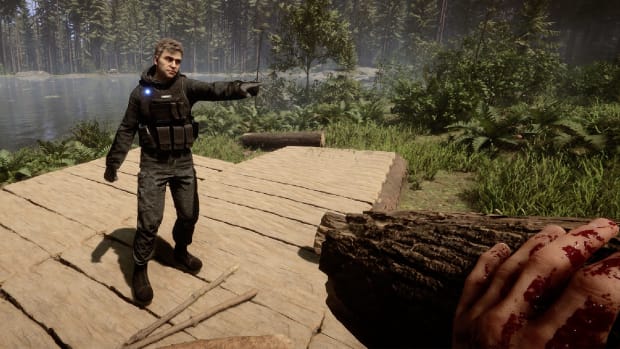 Sons of the Forest man pointing while you hold a log